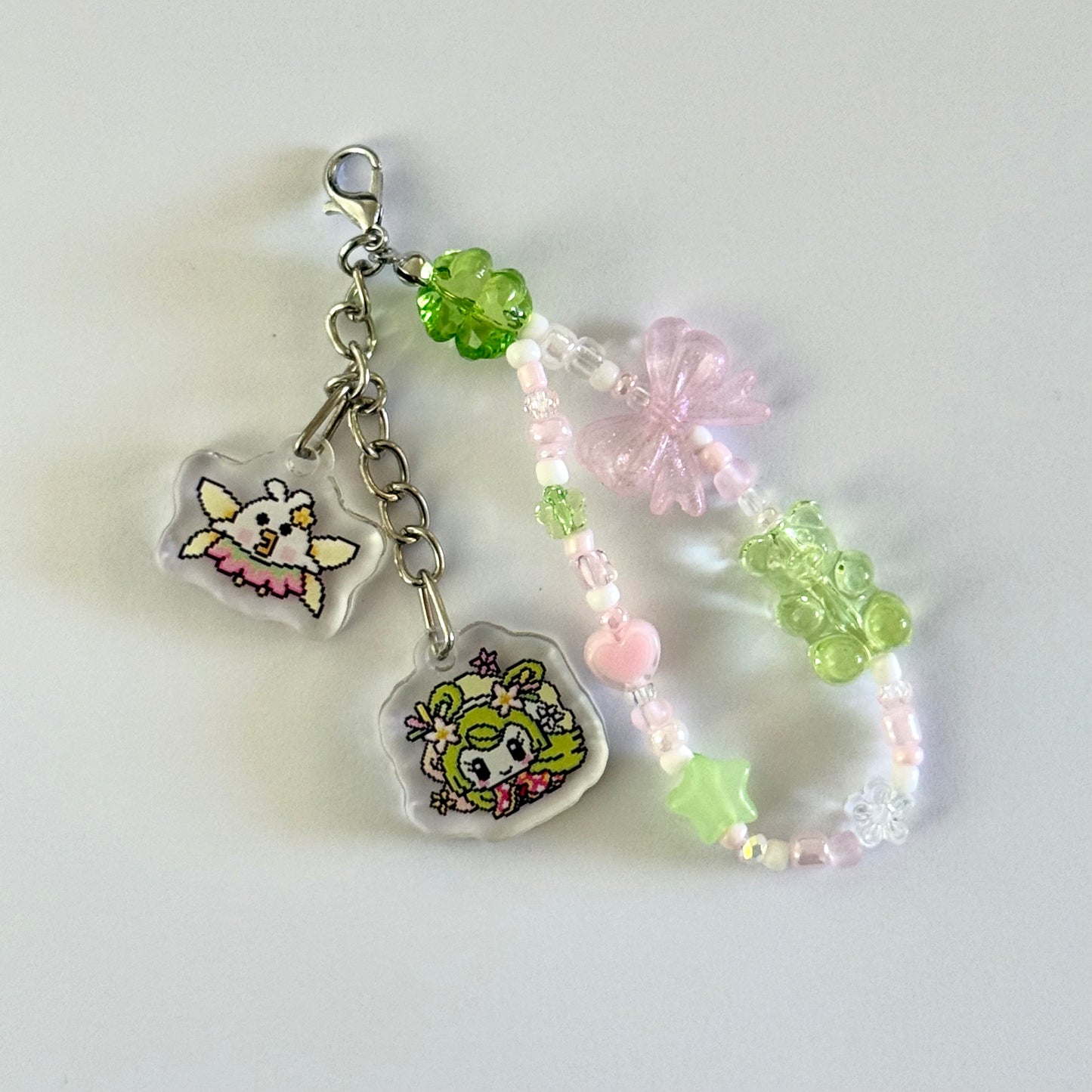 Tamagotchi Lobster Clasp Beaded Keychain - Pink Green
