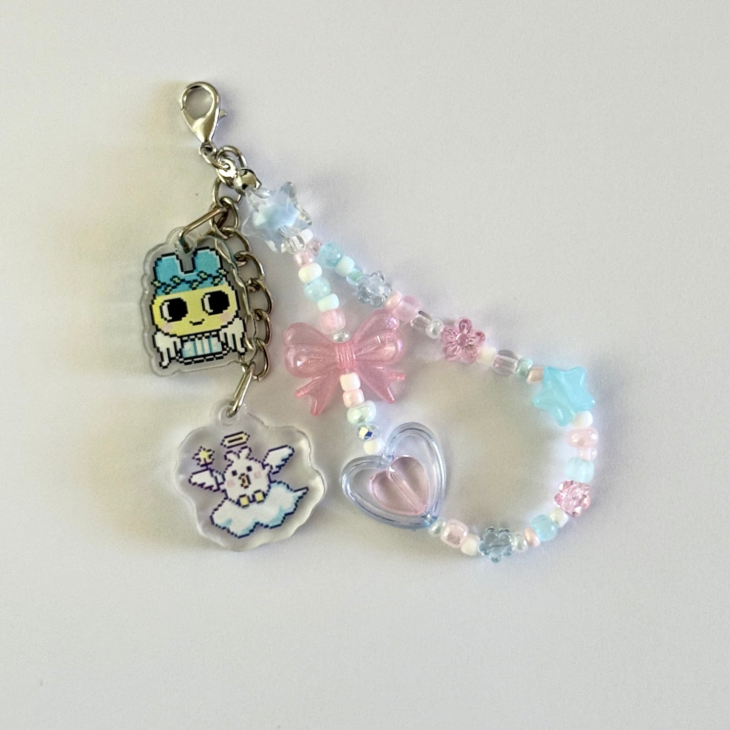 Tamagotchi Lobster Clasp Beaded Keychain - Pink Blue