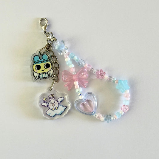 Tamagotchi Lobster Clasp Beaded Keychain - Pink Blue
