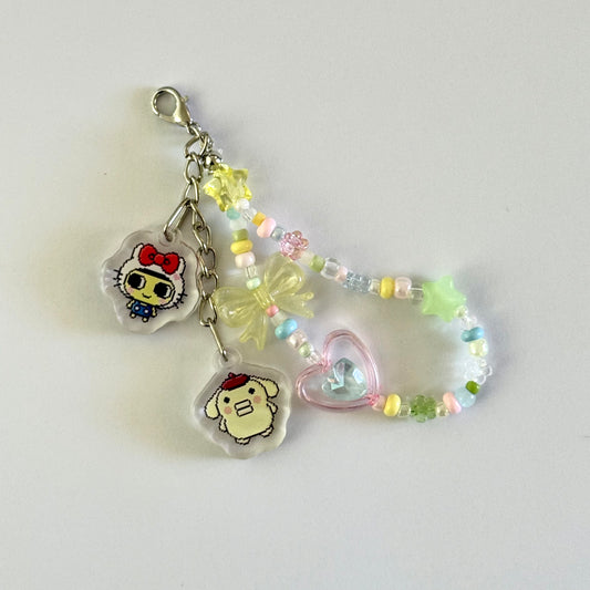 Tamagotchi Lobster Clasp Beaded Keychain - Yellow Multi