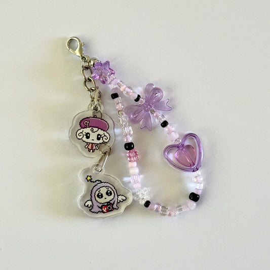 Tamagotchi Lobster Clasp Beaded Keychain - Purple